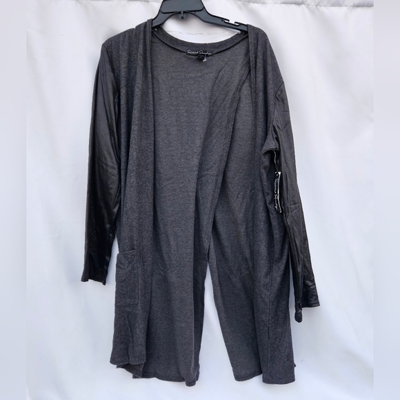 Plus Size French Laundry Open Front And Back Charcoal Cardigan Lng-Sleev Pockets - Picture 2 of 7